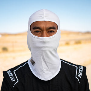 Man wearing Track Armour Racing Head Sock (Balaclava) in Desert